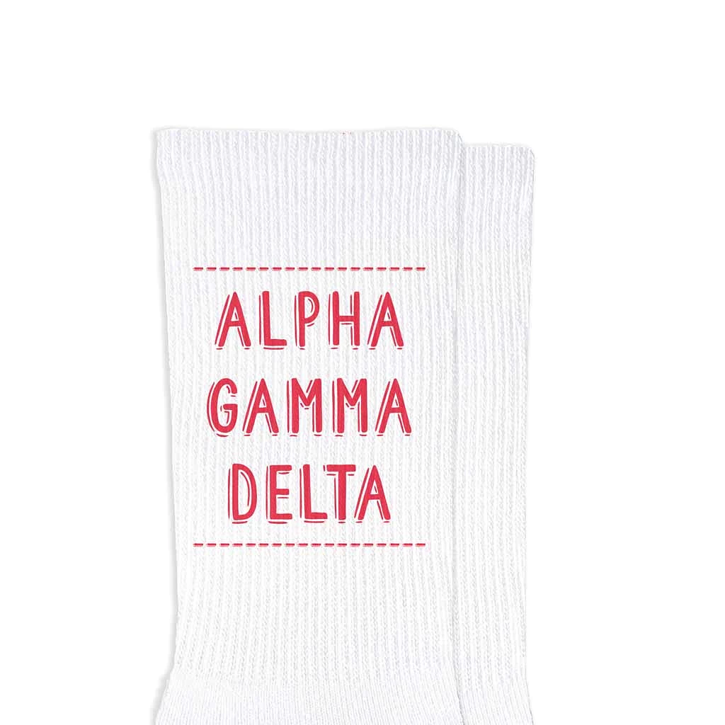 Alpha Gamma Delta Crew Socks with Alpha Gamma Delta Name in Sorority Colors