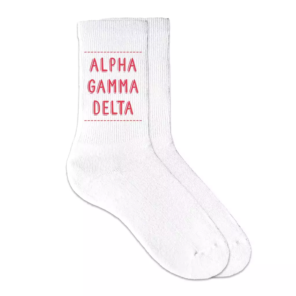 Alpha Gamma Delta Crew Socks with Alpha Gamma Delta Name in Sorority Colors