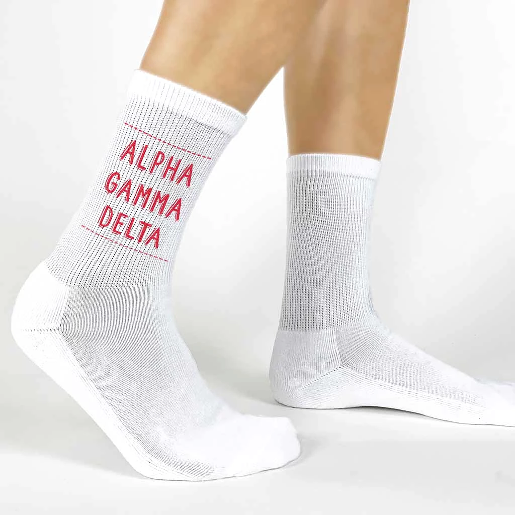 Alpha Gamma Delta Crew Socks with Alpha Gamma Delta Name in Sorority Colors