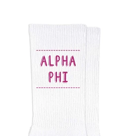 Alpha Phi Crew Socks with Alpha Phi Name in Sorority Colors