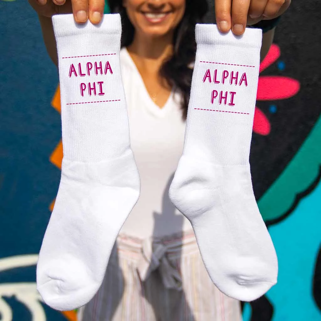 Alpha Phi Crew Socks with Alpha Phi Name in Sorority Colors