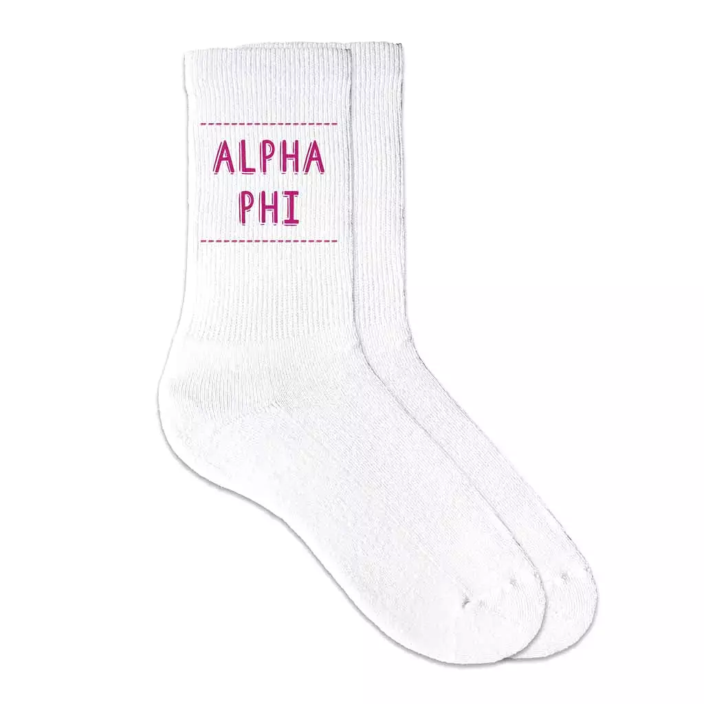 Alpha Phi Crew Socks with Alpha Phi Name in Sorority Colors