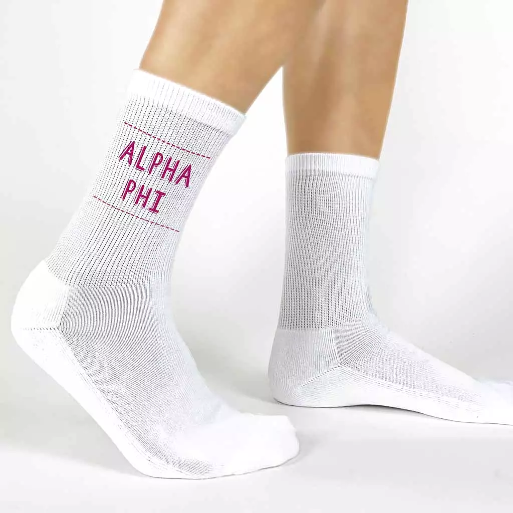 Alpha Phi Crew Socks with Alpha Phi Name in Sorority Colors