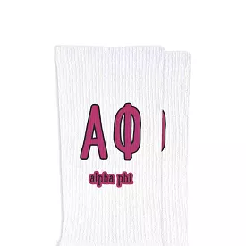 Alpha Phi Sorority Crew Socks with Name and Letters in Sorority Colors