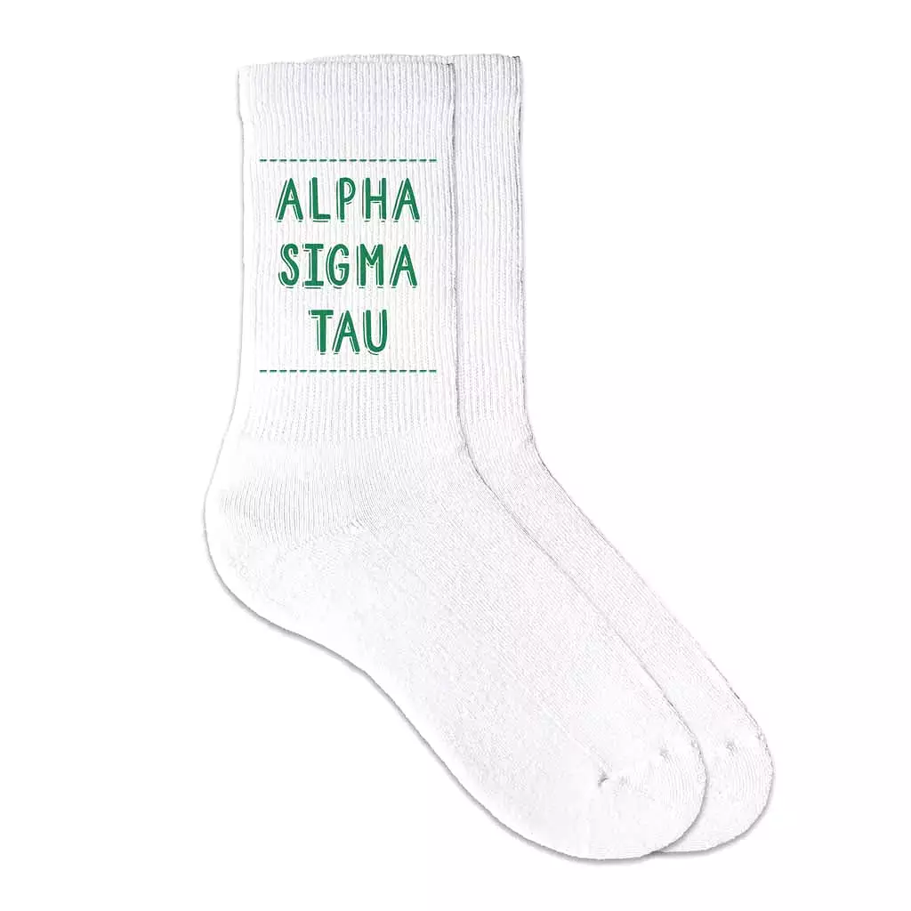 Alpha Sigma Tau Crew Socks with Alpha Sigma Tau Name in Sorority Colors