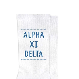 Alpha Xi Delta Crew Socks with Alpha Xi Delta Name in Sorority Colors