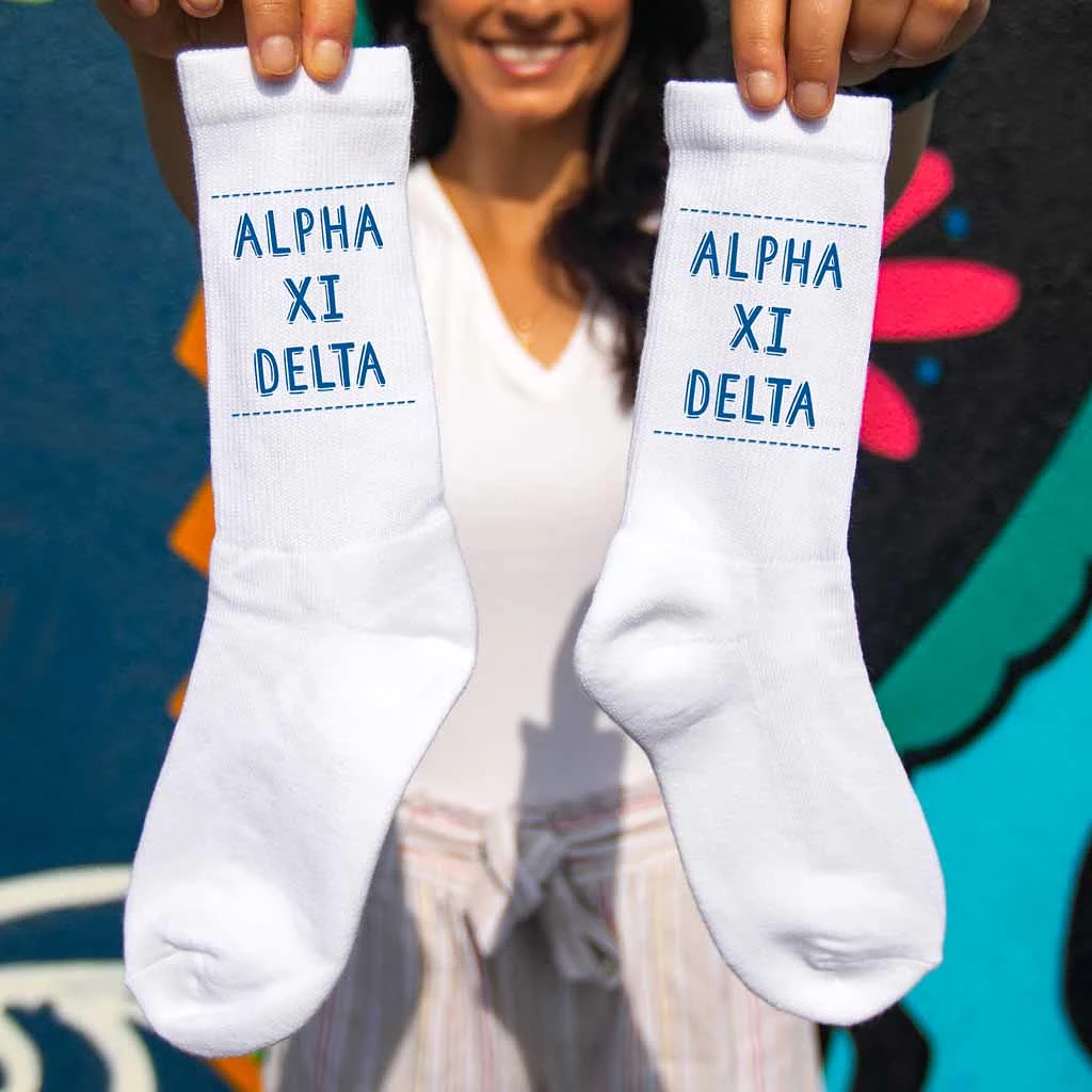 Alpha Xi Delta Crew Socks with Alpha Xi Delta Name in Sorority Colors