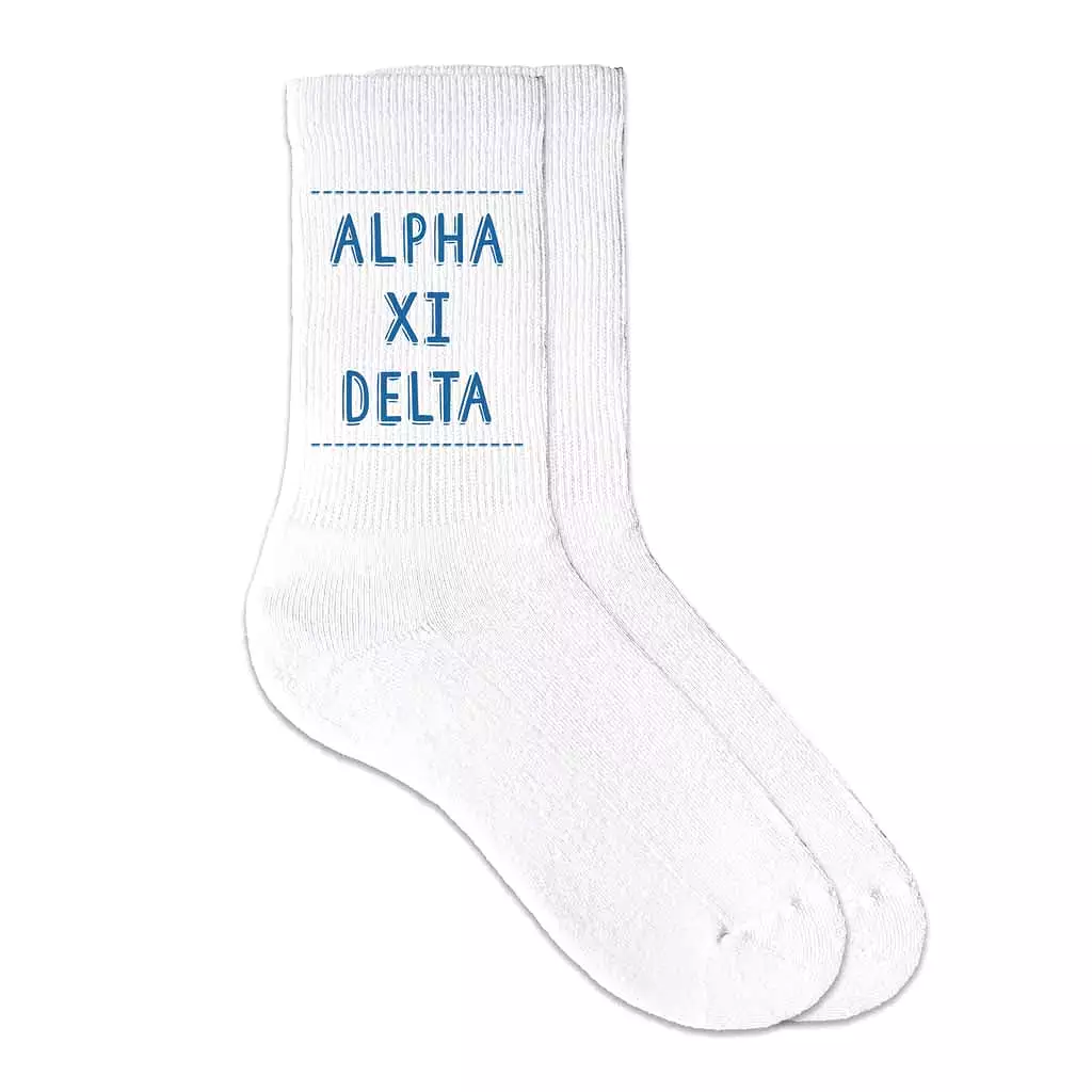 Alpha Xi Delta Crew Socks with Alpha Xi Delta Name in Sorority Colors