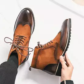 Ashore Shop New Men's Retro Boots Brown Flock Lace-up Shoes