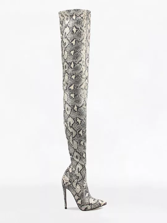 Black & White Snake Stiletto Thigh High Boots