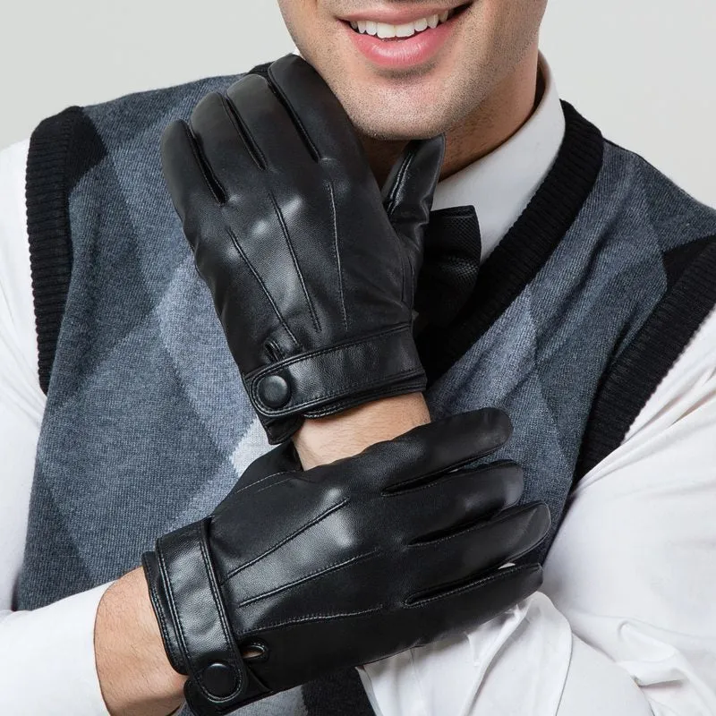 Black Genuine Goatskin Leather Fleece Lined Warm Driving Winter Gloves for Men