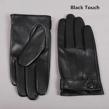 Black Genuine Goatskin Leather Fleece Lined Warm Driving Winter Gloves for Men