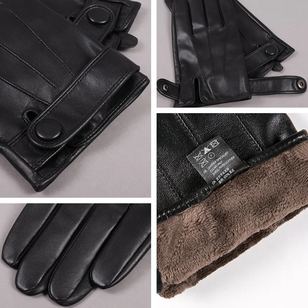 Black Genuine Goatskin Leather Fleece Lined Warm Driving Winter Gloves for Men