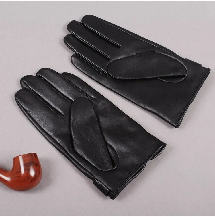 Black Genuine Goatskin Leather Fleece Lined Warm Driving Winter Gloves for Men