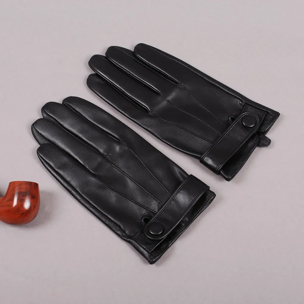 Black Genuine Goatskin Leather Fleece Lined Warm Driving Winter Gloves for Men