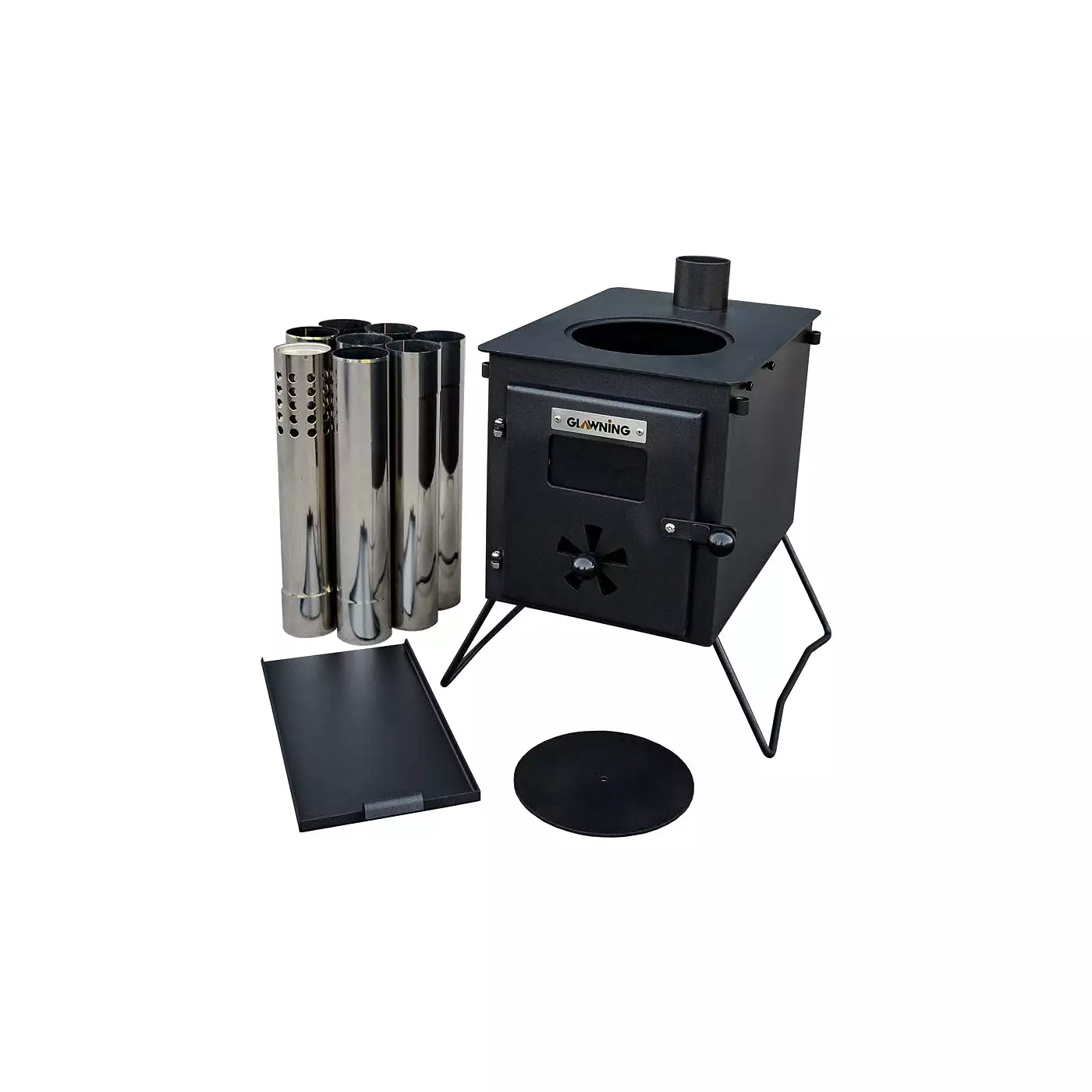 Black 'Glow' Stove: Portable Woodburner with Carry Bag, Racks, Flue Pieces, Spark Arrestor