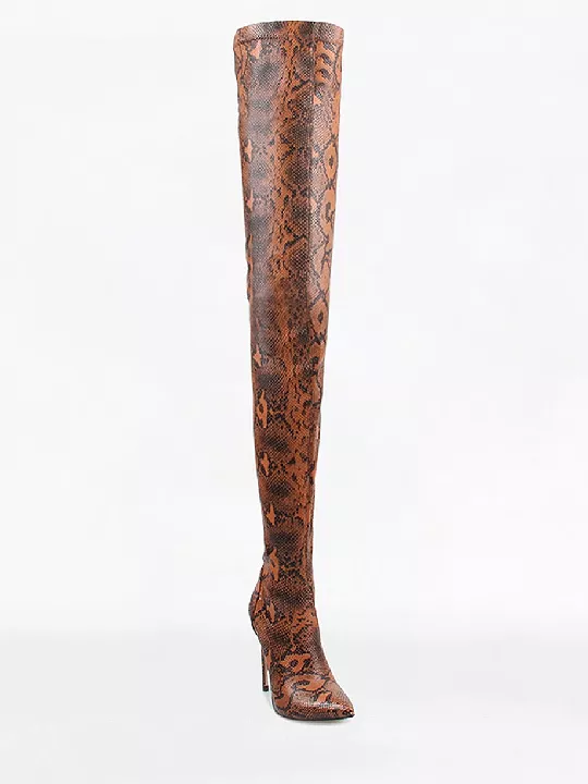 Camel Python Lycra Stiletto Thigh High Boots