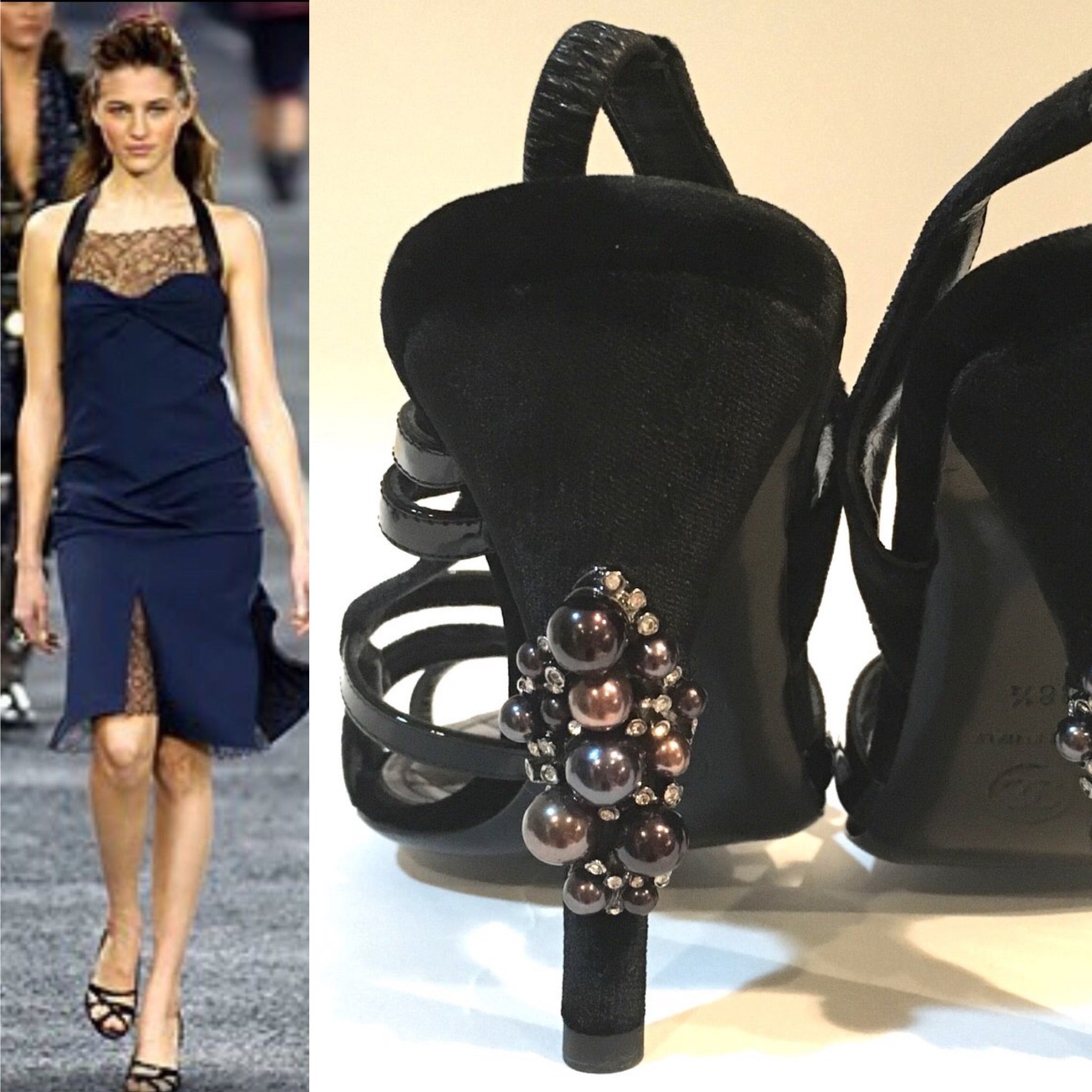 Chanel 04A 2004 Fall slingback Black Velvet and Patent Leather embellishments at heels EU 37.5 US 6.5/7