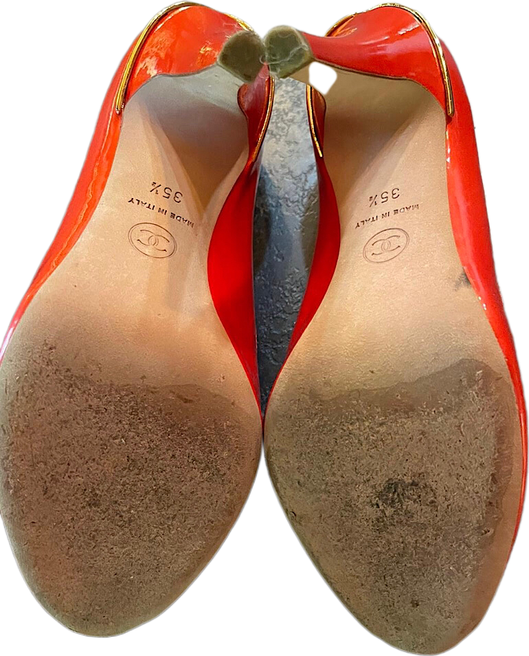 Chanel 08C, 2008 Cruise Patent Leather Orange Peep Toe Pump Heels EU 35.5 US 4.5/5