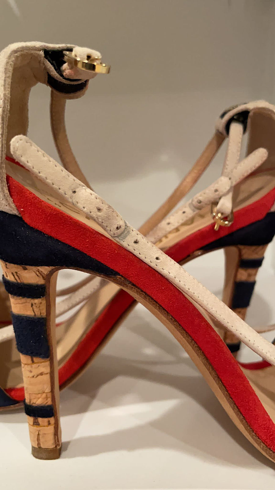 Chanel 08C, 2008 Cruise suede red white blue cork sandal strap Heels EU 37 US 6.5/7