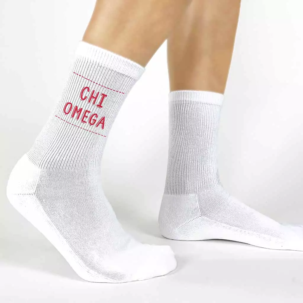 Chi Omega Crew Socks with Chi Omega Name in Sorority Colors