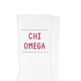 Chi Omega Crew Socks with Chi Omega Name in Sorority Colors