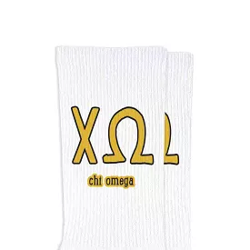 Chi Omega Sorority Crew Socks with Name and Letters in Sorority Colors