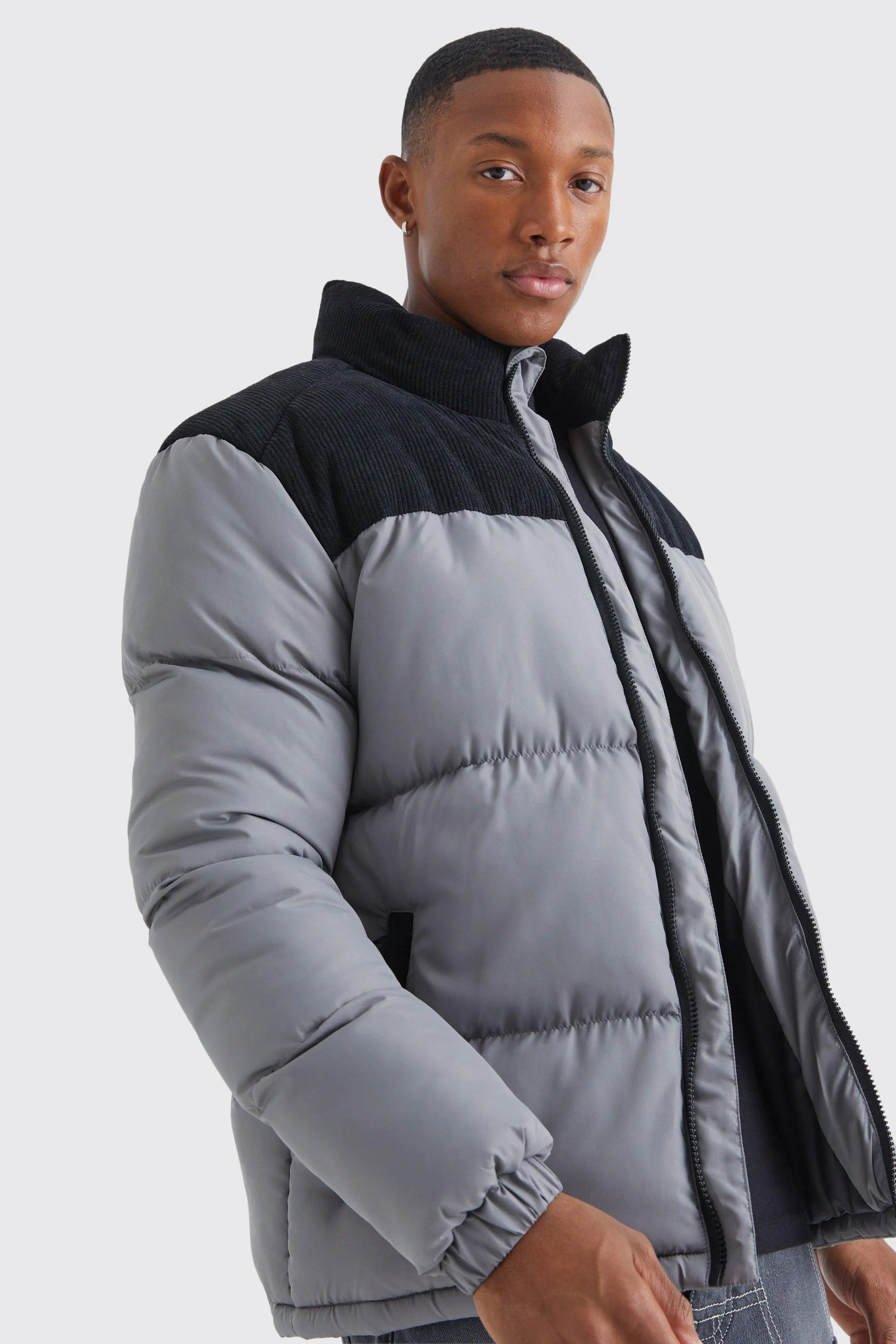 Cord Panel Colour Block Puffer | boohooMAN UK