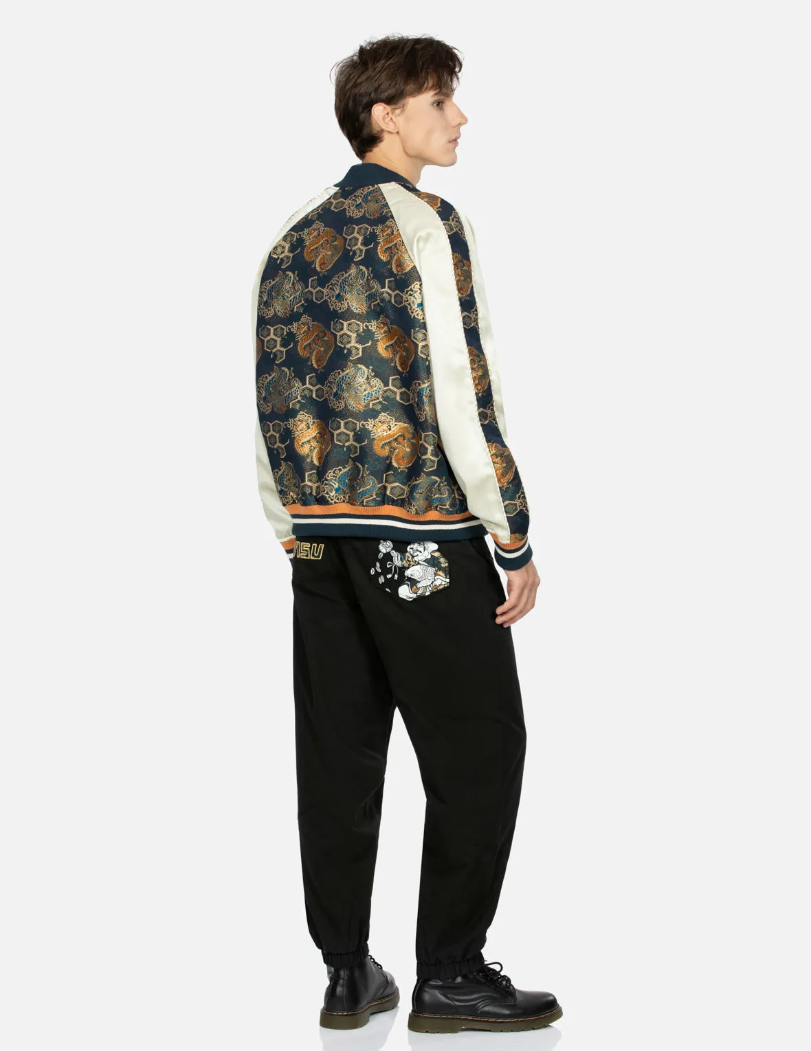 Daikokuten and Logo Embroidery with Brocade Appliqué Loose Fit Jogger Pants