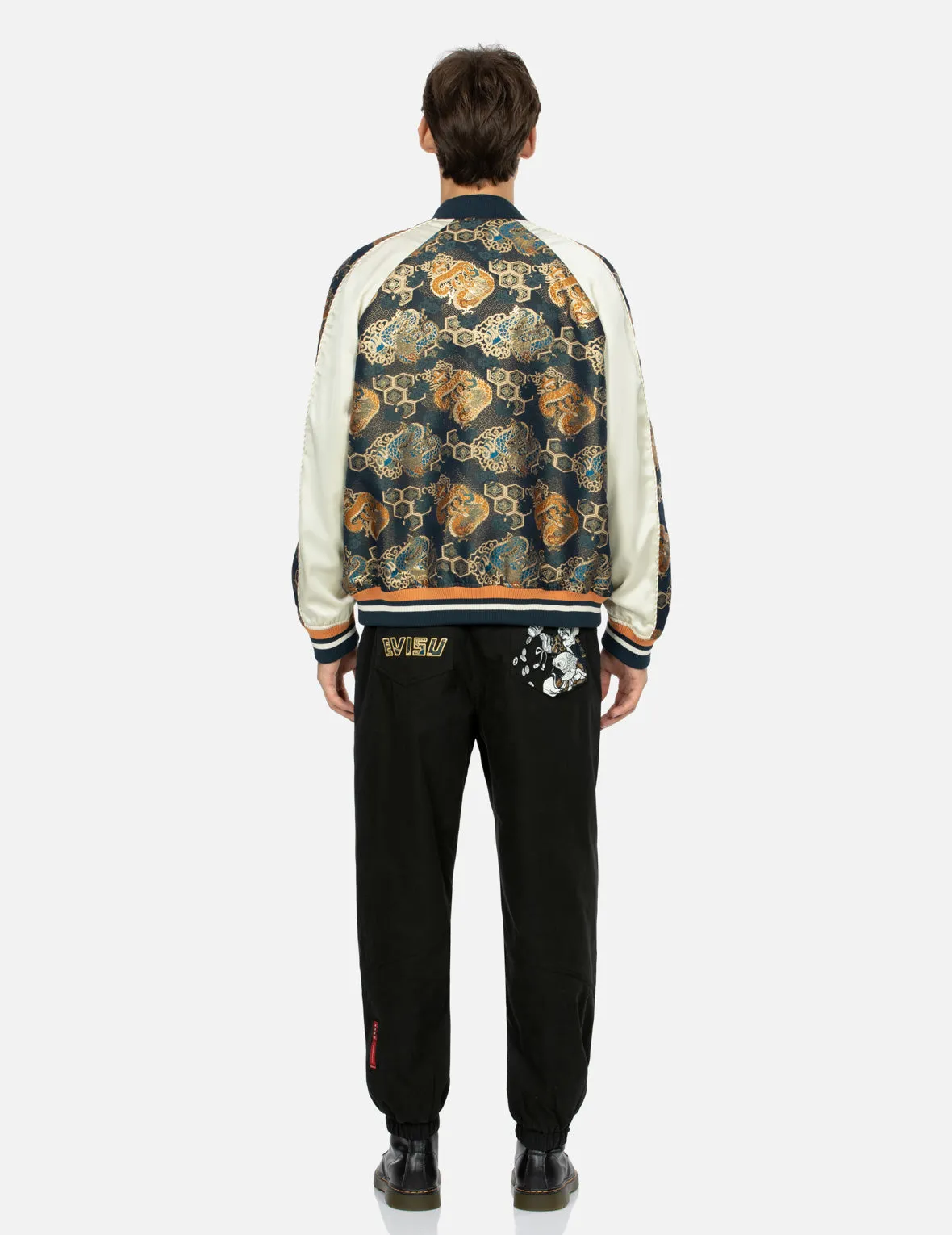 Daikokuten and Logo Embroidery with Brocade Appliqué Loose Fit Jogger Pants