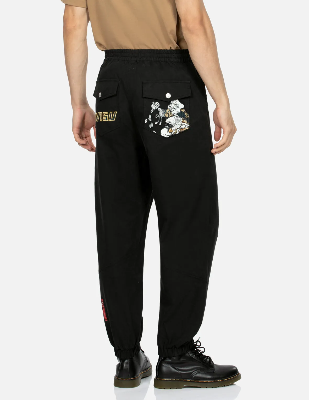 Daikokuten and Logo Embroidery with Brocade Appliqué Loose Fit Jogger Pants