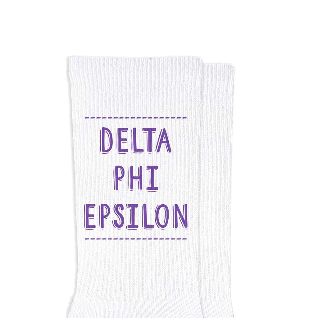 Delta Phi Epsilon Crew Socks with Delta Phi Epsilon Name in Sorority Colors