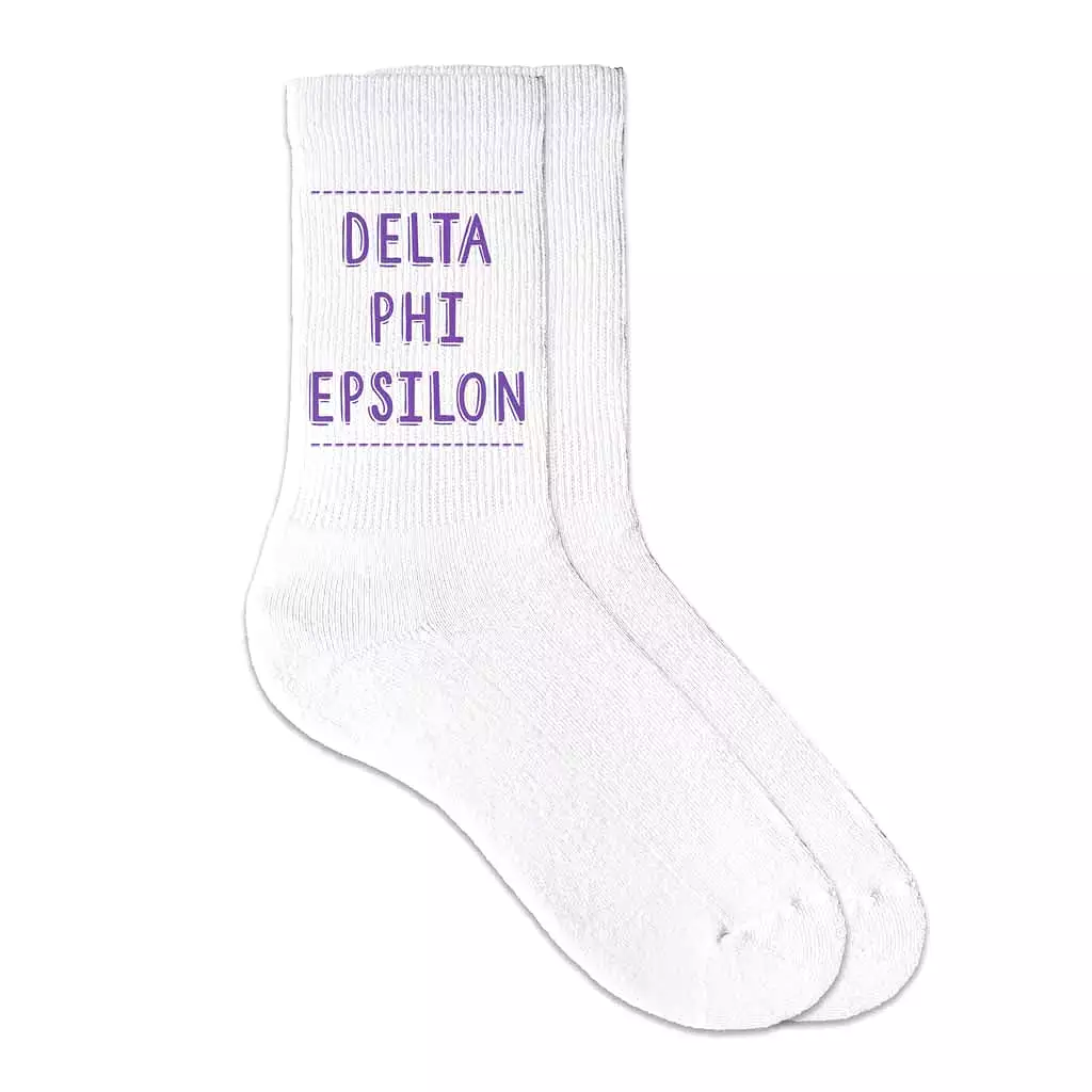 Delta Phi Epsilon Crew Socks with Delta Phi Epsilon Name in Sorority Colors