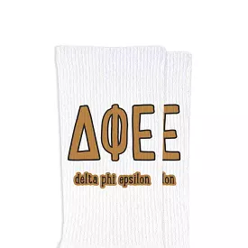 Delta Phi Epsilon Sorority Crew Socks with Name and Letters in Sorority Colors