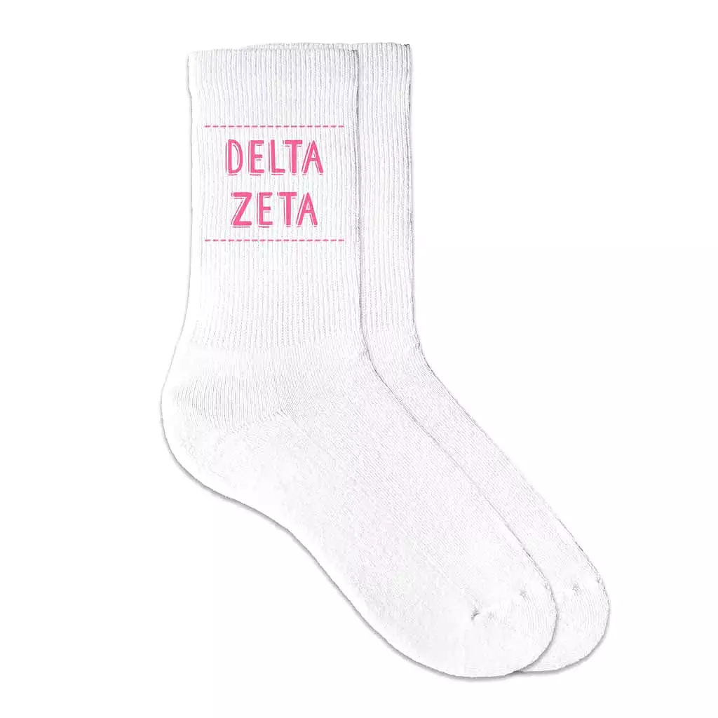 Delta Zeta Crew Socks with Delta Zeta Name in Sorority Colors