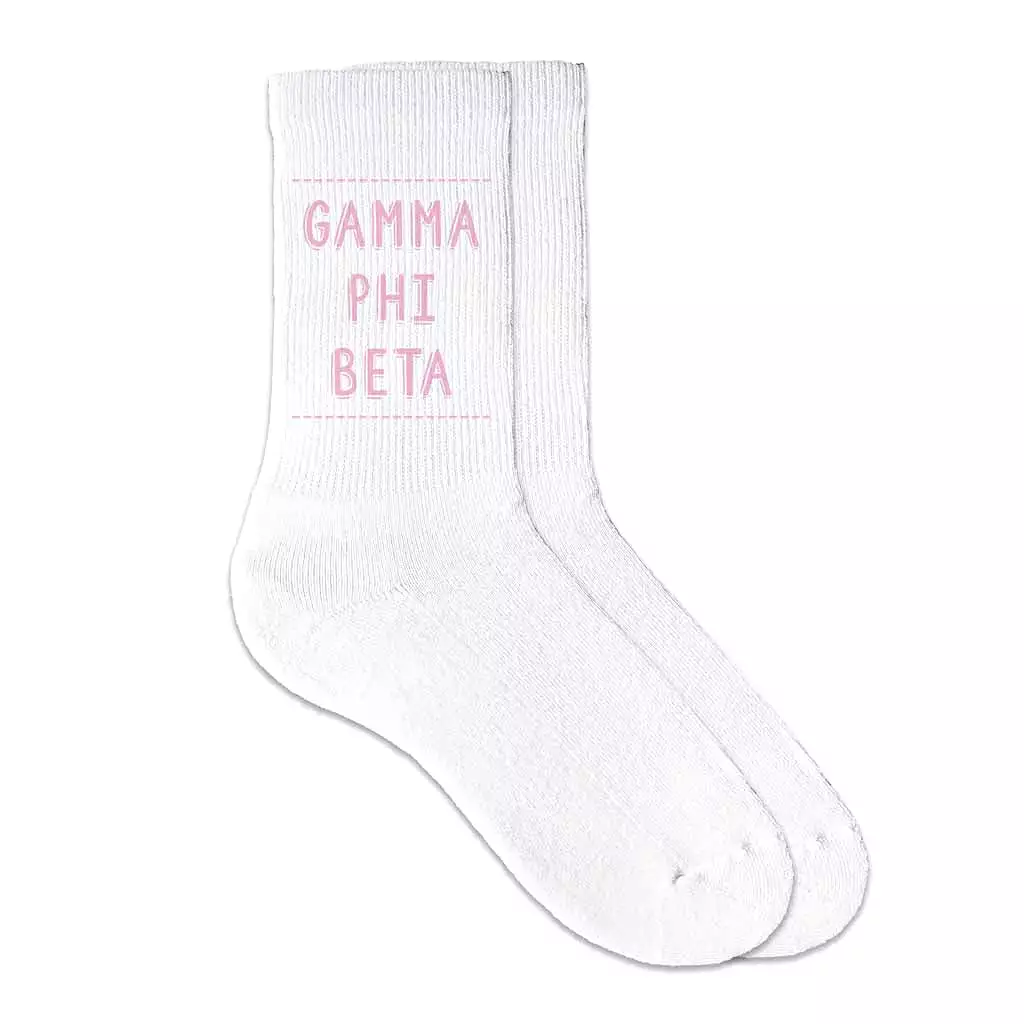 Gamma Phi Beta Crew Socks with Gamma Phi Beta Name in Sorority Colors