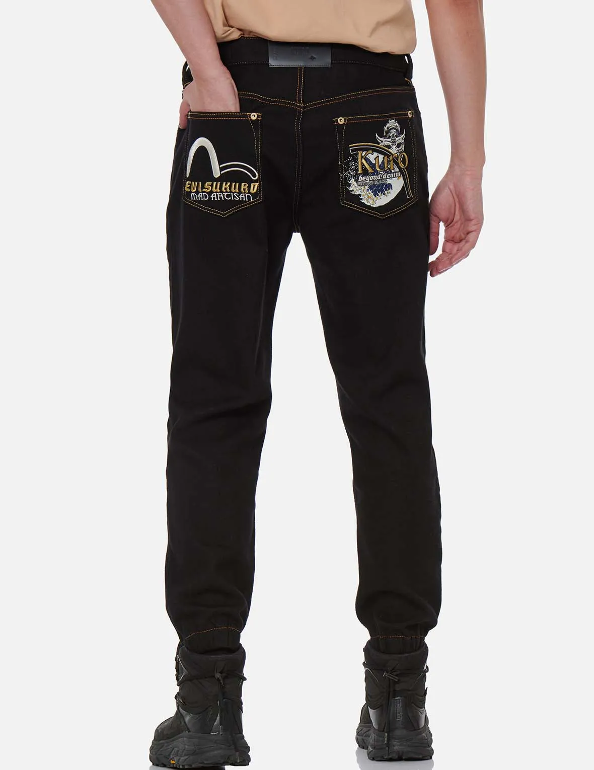 Hannya and The Great Wave Embroidery Denim Jogger Pants