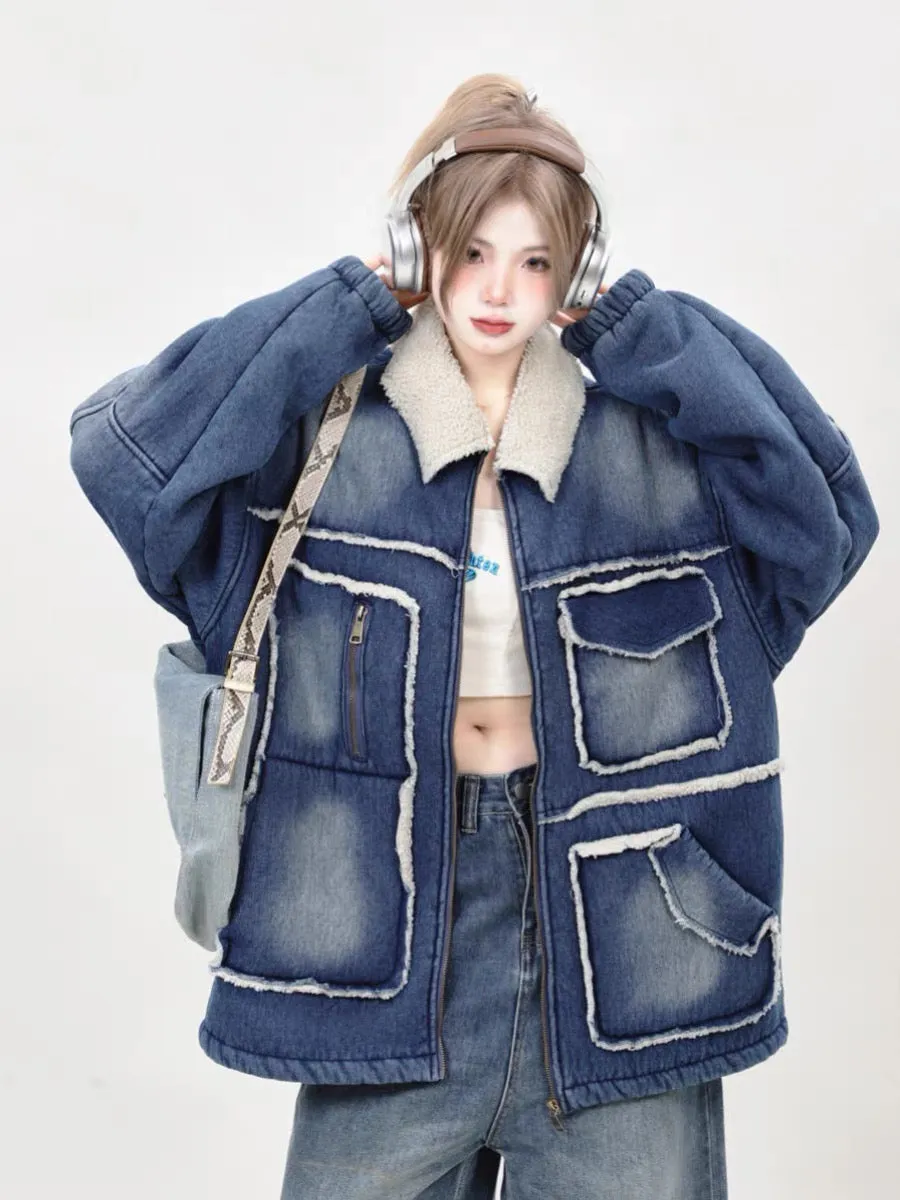 High-end and super good-looking 2023 new loose denim cotton-padded clothes for women winter thickened lamb wool coats and cotton