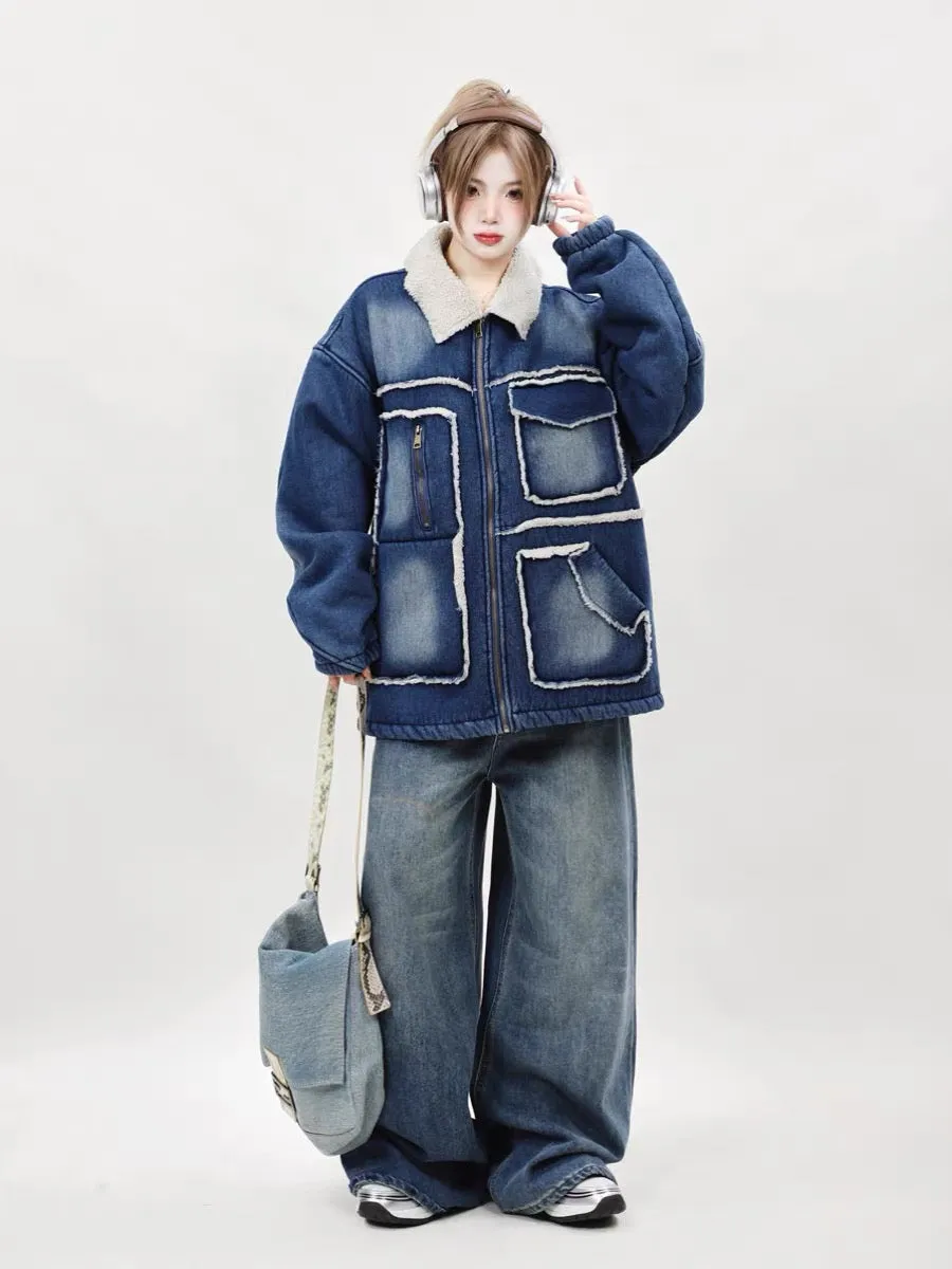 High-end and super good-looking 2023 new loose denim cotton-padded clothes for women winter thickened lamb wool coats and cotton