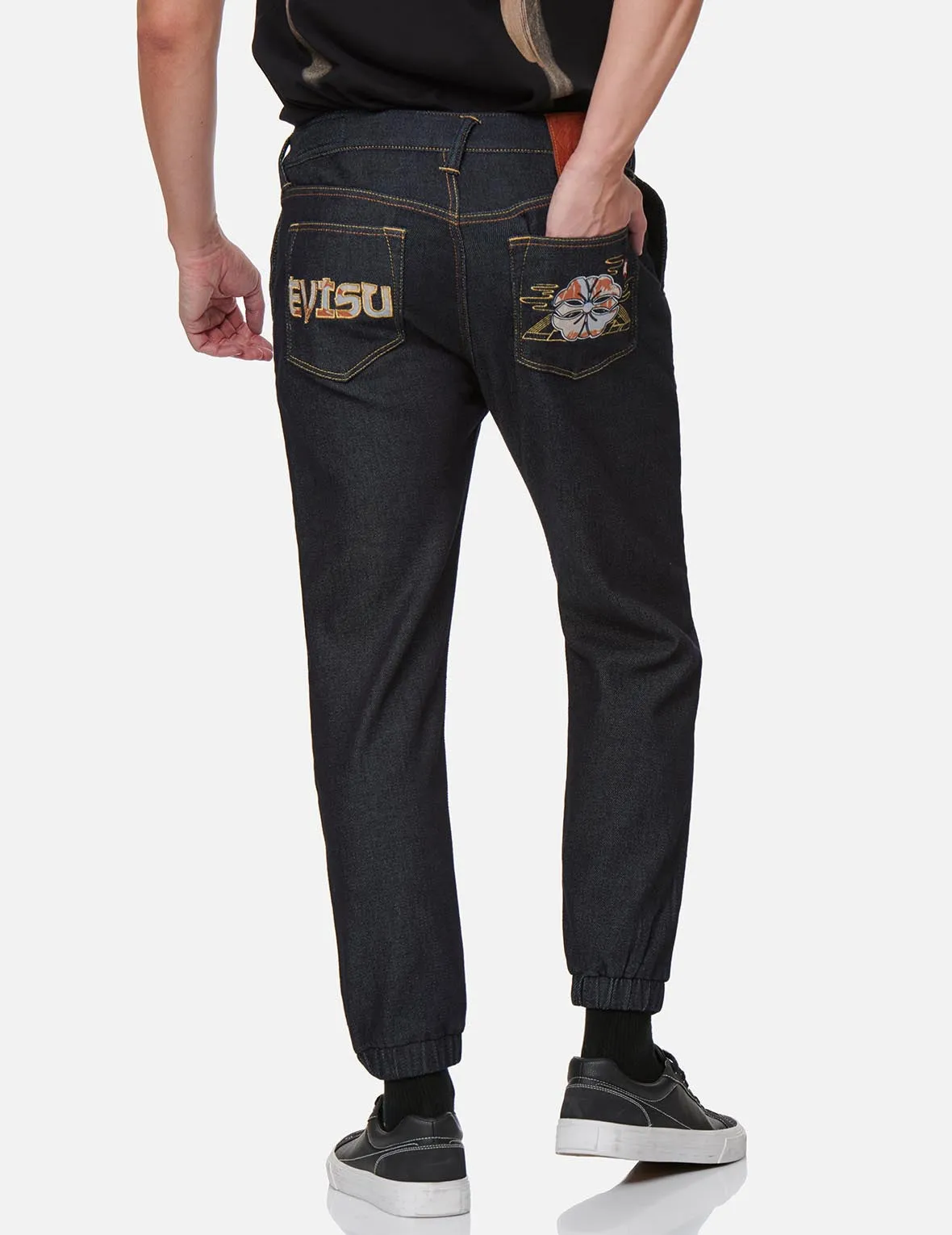 Kamon and Logo Appliqué Denim Jogger Pants