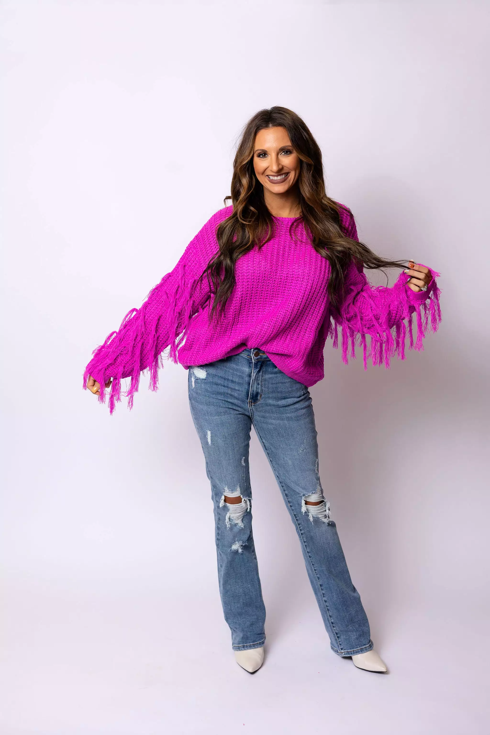 Loved Me To Pieces Fringe Sweater - Pink