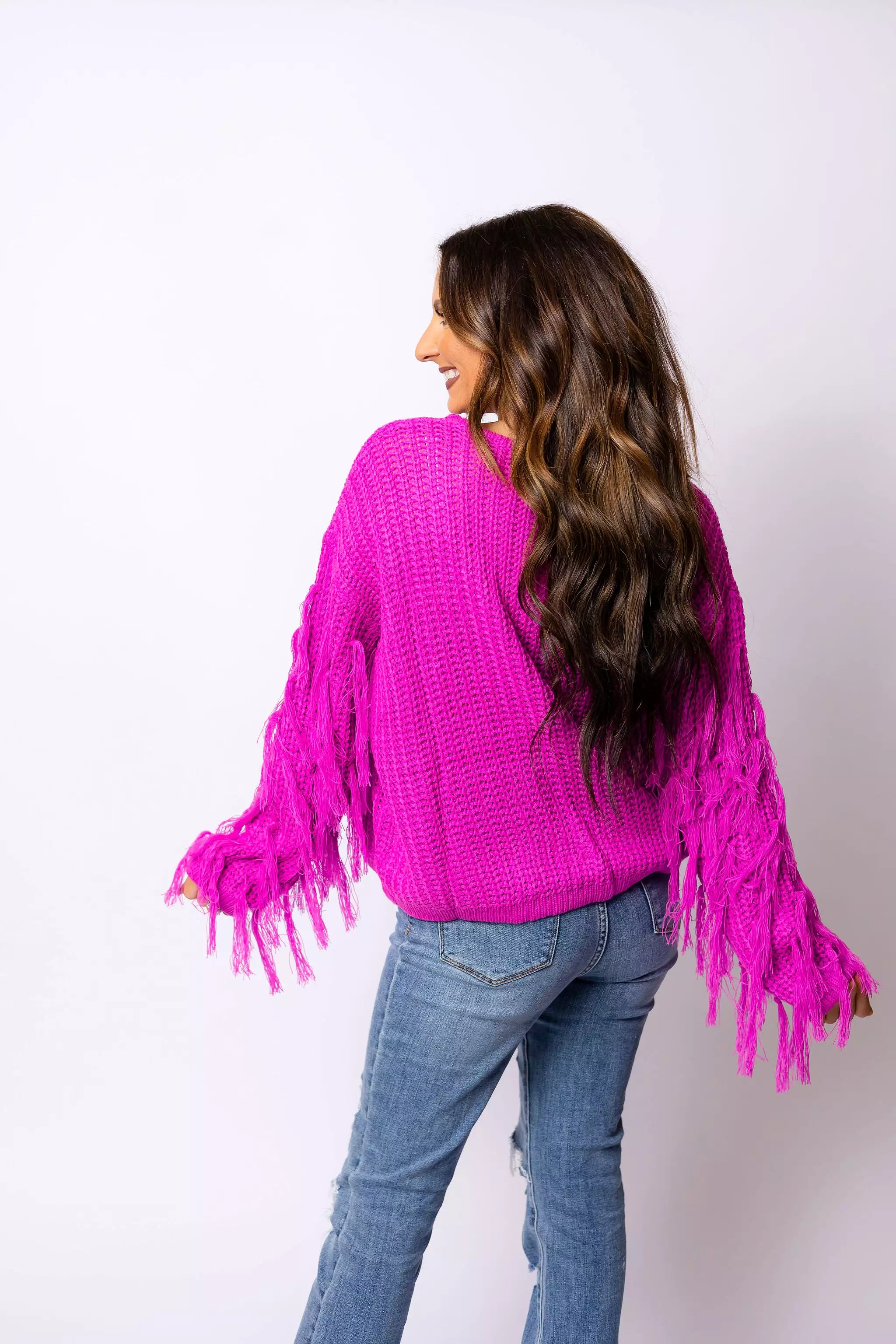 Loved Me To Pieces Fringe Sweater - Pink