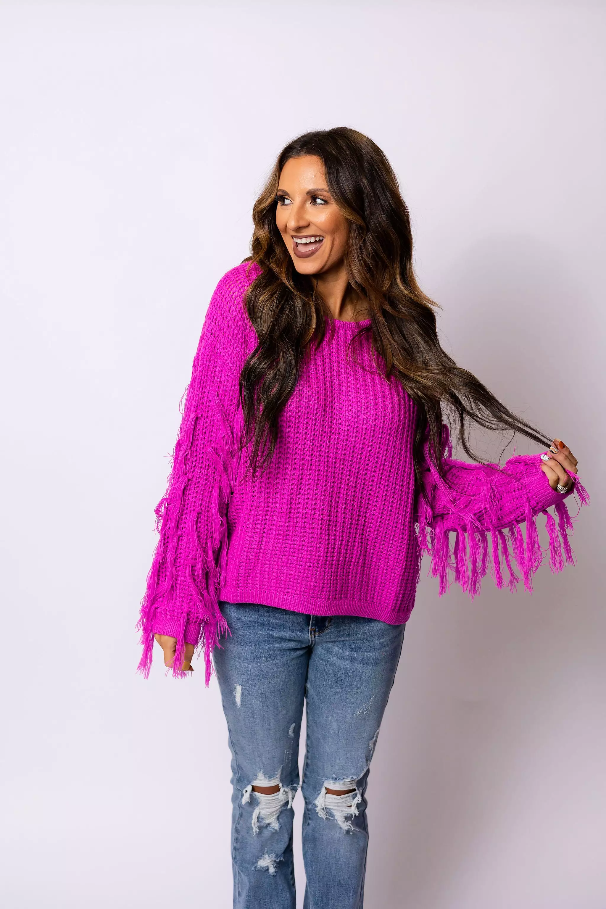 Loved Me To Pieces Fringe Sweater - Pink