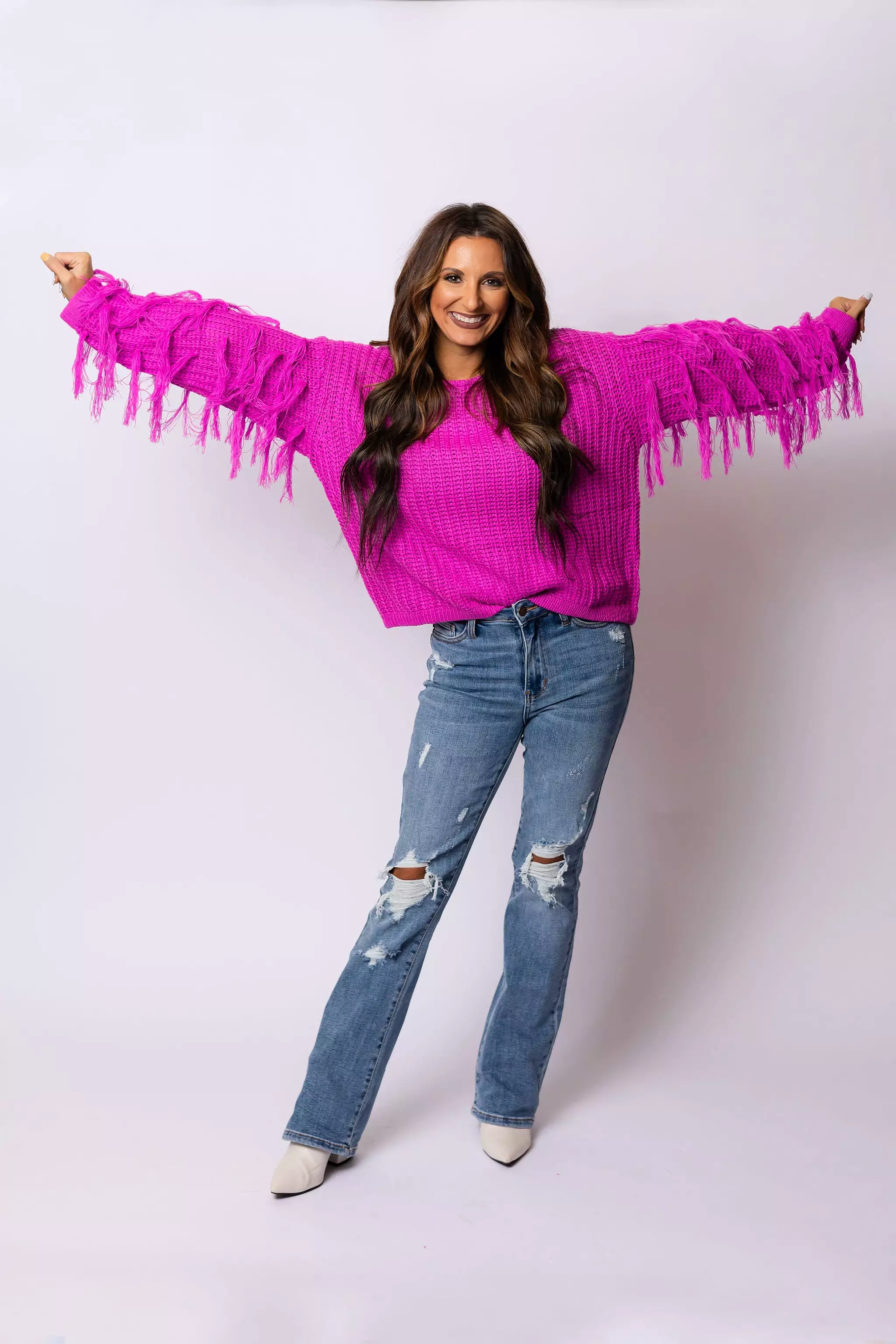 Loved Me To Pieces Fringe Sweater - Pink