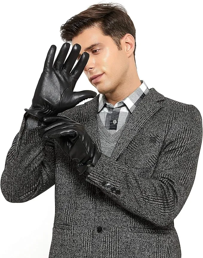 Luxury Mens Leather Gloves Cashmere Lined-Soft Comfortable Lambskin Touchsreen