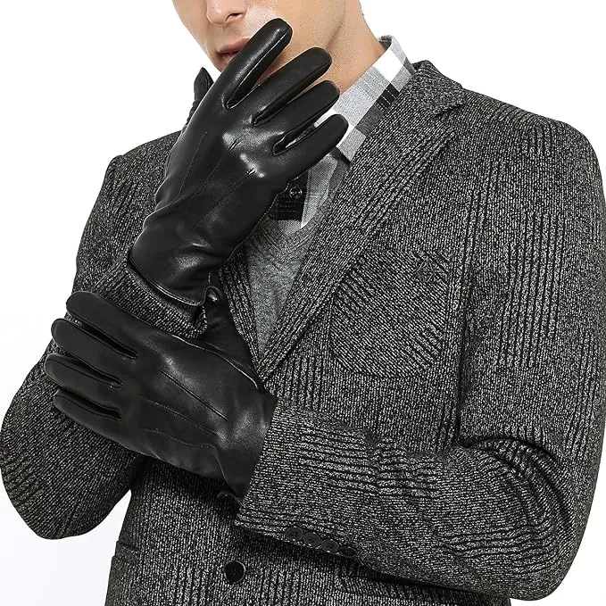 Luxury Mens Leather Gloves Cashmere Lined-Soft Comfortable Lambskin Touchsreen