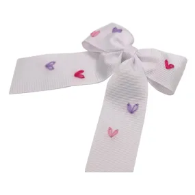 Medium Embroidered Hearts Bow - White