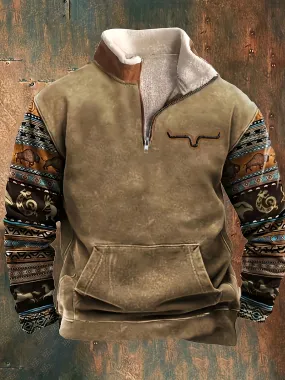 Men's Fleece Lined Half Zipper Stand Collar Sweatshirt For Men Retro Ethnic Sweatshirts For Winter Fall Long Sleeve Tops