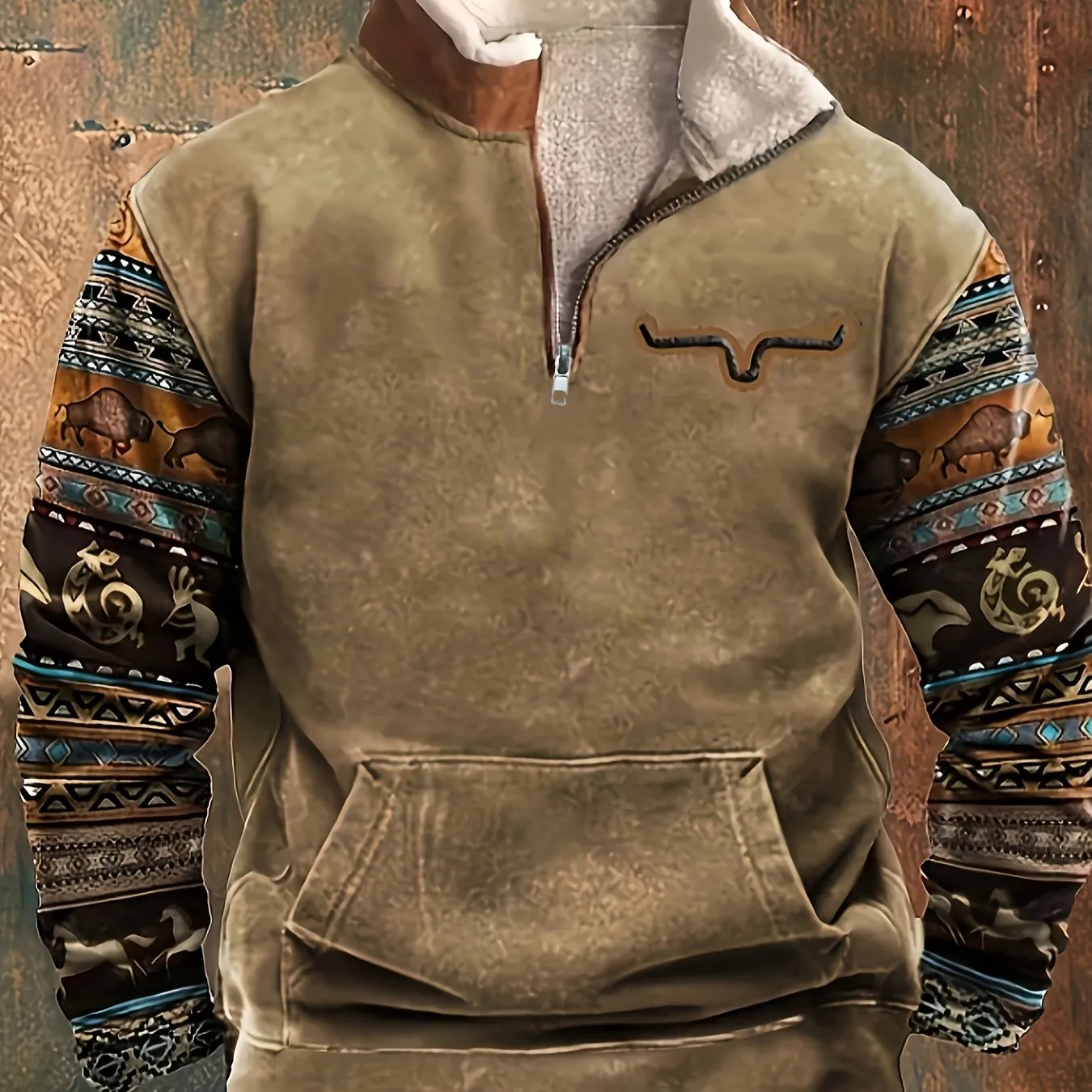 Men's Fleece Lined Half Zipper Stand Collar Sweatshirt For Men Retro Ethnic Sweatshirts For Winter Fall Long Sleeve Tops