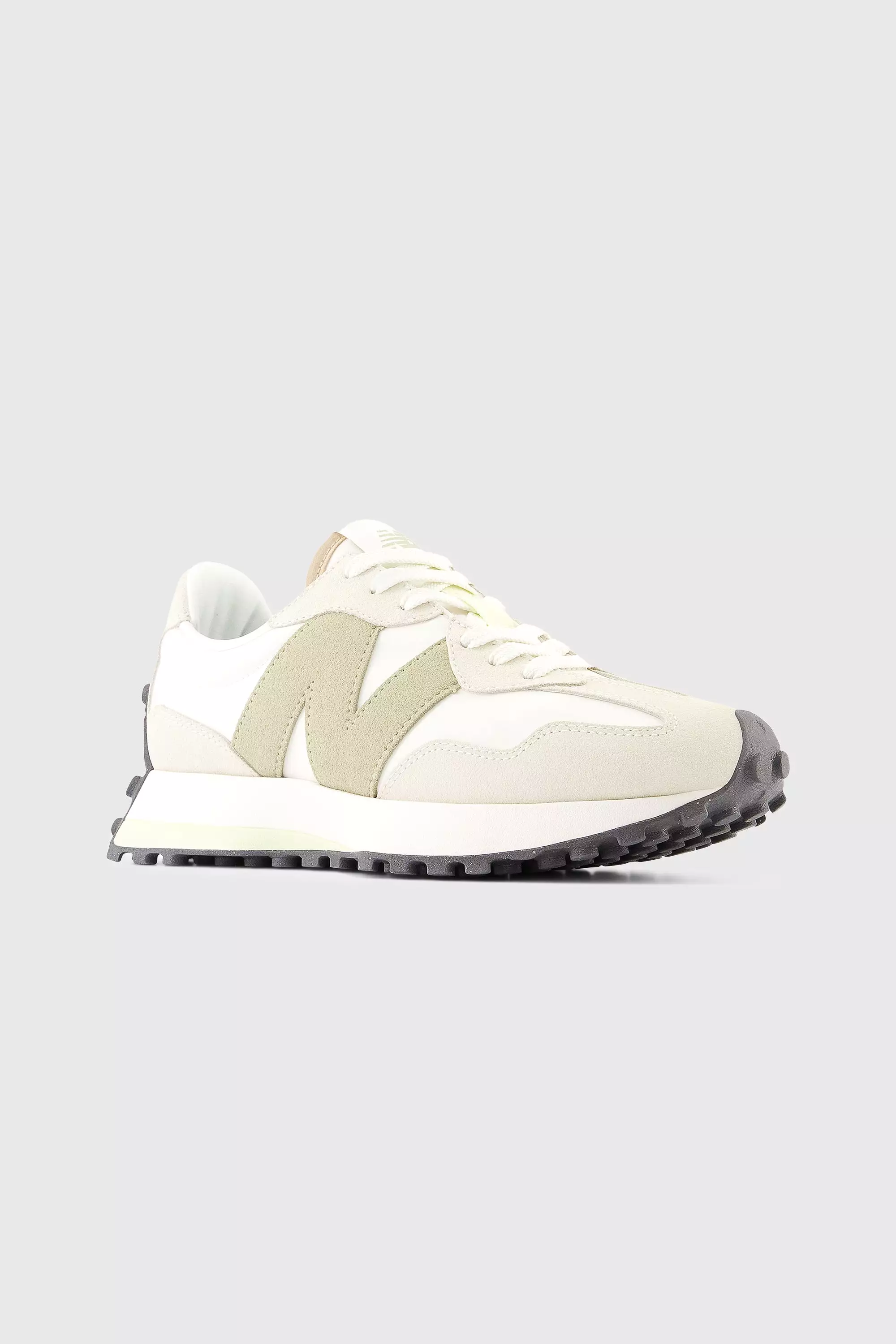 New Balance Women's 327 Sneaker in Turtledove with fatigue green